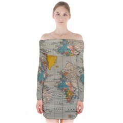 World Map Vintage Long Sleeve Off Shoulder Dress
