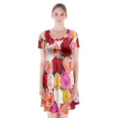 Roses Color Beautiful Flowers Short Sleeve V-neck Flare Dress by BangZart