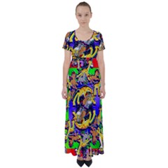 Rainbow Dragon Squad Print High Waist Short Sleeve Maxi Dress