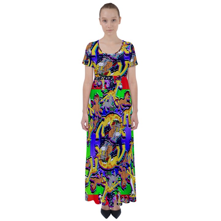 Rainbow Dragon Squad Print High Waist Short Sleeve Maxi Dress