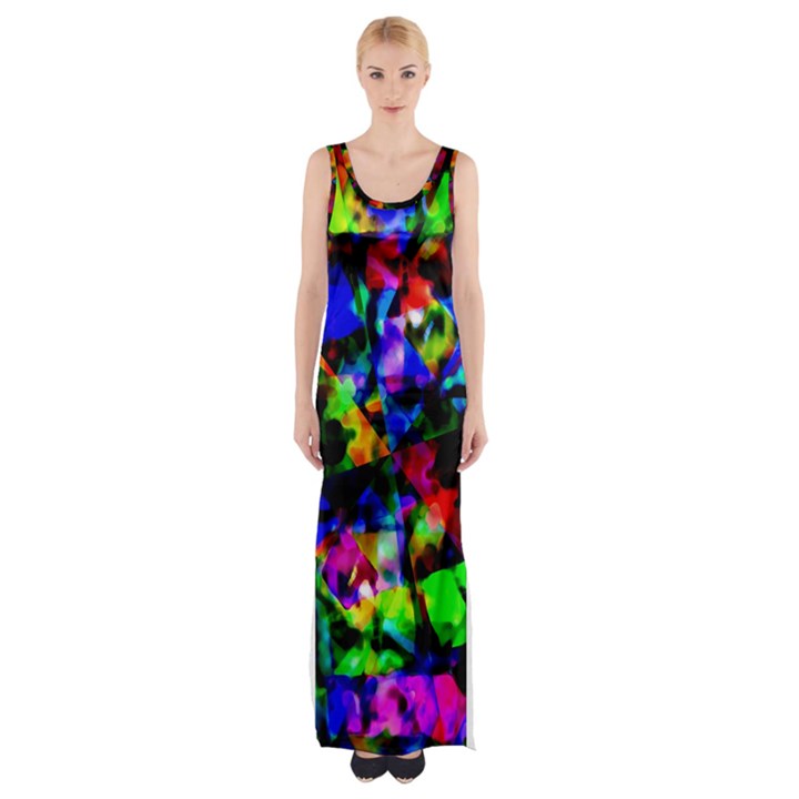 Multicolored Abstract Print Maxi Thigh Split Dress
