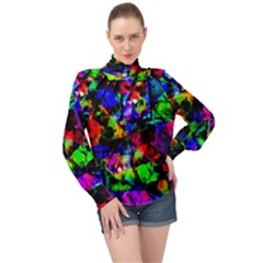 Multicolored Abstract Print High Neck Long Sleeve Chiffon Top by dflcprintsclothing