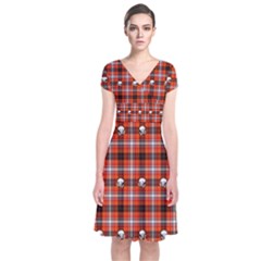 Plaid - Red With Skulls Short Sleeve Front Wrap Dress by WensdaiAmbrose