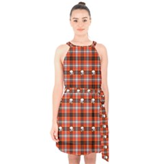 Plaid - Red With Skulls Halter Collar Waist Tie Chiffon Dress by WensdaiAmbrose