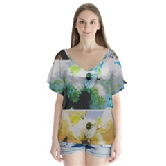 Faded Snowball Branch Collage (ii) V-neck Flutter Sleeve Top by okhismakingart