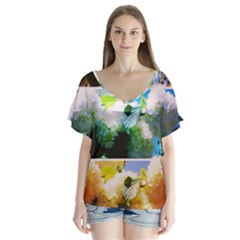 Bright Snowball Branch Collage (III) V-Neck Flutter Sleeve Top