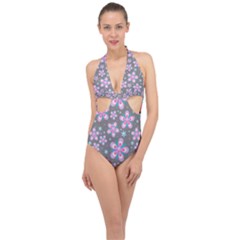 Seamless Pattern Flowers Pink Halter Front Plunge Swimsuit