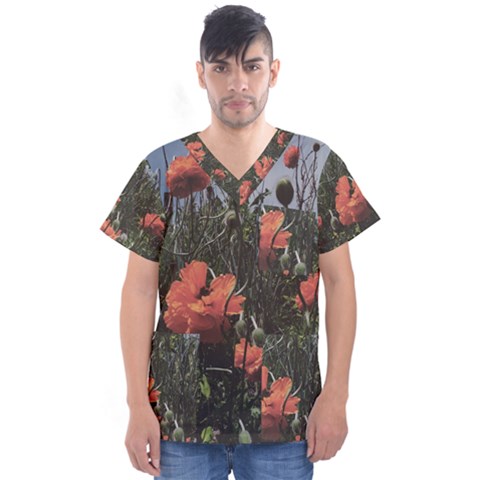 Faded Poppy Field  Men s V-neck Scrub Top by okhismakingart