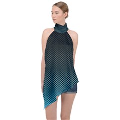 Sharp - Turquoise Halftone Halter Asymmetric Satin Top