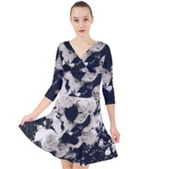 High Contrast Black And White Snowballs Quarter Sleeve Front Wrap Dress