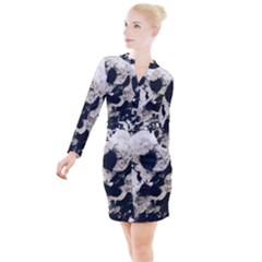 High Contrast Black And White Snowballs Button Long Sleeve Dress