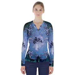 Surfboard With Dolphin V-neck Long Sleeve Top by FantasyWorld7