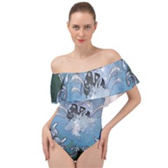 Surfboard With Dolphin Off Shoulder Velour Bodysuit  by FantasyWorld7