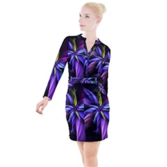 Fractal Floral Pattern Petals Button Long Sleeve Dress