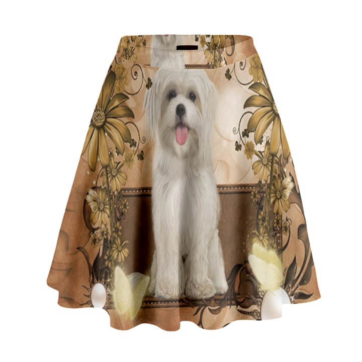 Cute Maltese Puppy With Flowers High Waist Skirt