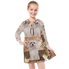 Cute Maltese Puppy With Flowers Kids  Quarter Sleeve Shirt Dress by FantasyWorld7