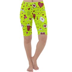 Valentin s Day Love Hearts Pattern Red Pink Green Cropped Leggings  by EDDArt