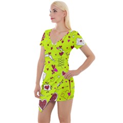 Valentin s Day Love Hearts Pattern Red Pink Green Short Sleeve Asymmetric Mini Dress by EDDArt