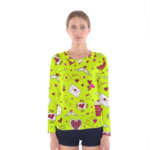 Valentin s Day Love Hearts Pattern Red Pink Green Women s Long Sleeve Tee by EDDArt