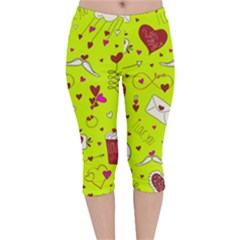 Valentin s Day Love Hearts Pattern Red Pink Green Velvet Capri Leggings 