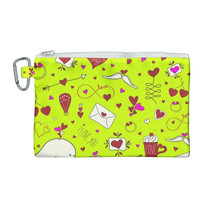 Valentin s Day Love Hearts Pattern Red Pink Green Canvas Cosmetic Bag (Large)