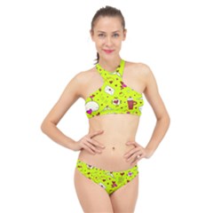 Valentin s Day Love Hearts Pattern Red Pink Green High Neck Bikini Set by EDDArt