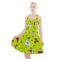 Valentin s Day Love Hearts Pattern Red Pink Green Halter Party Swing Dress  by EDDArt