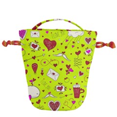 Valentin s Day Love Hearts Pattern Red Pink Green Drawstring Bucket Bag by EDDArt