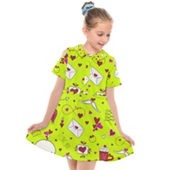 Valentin s Day Love Hearts Pattern Red Pink Green Kids  Short Sleeve Shirt Dress by EDDArt