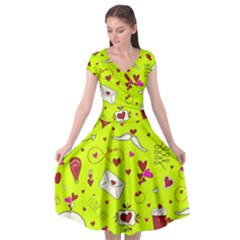 Valentin s Day Love Hearts Pattern Red Pink Green Cap Sleeve Wrap Front Dress