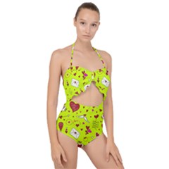 Valentin s Day Love Hearts Pattern Red Pink Green Scallop Top Cut Out Swimsuit by EDDArt