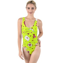 Valentin s Day Love Hearts Pattern Red Pink Green High Leg Strappy Swimsuit by EDDArt