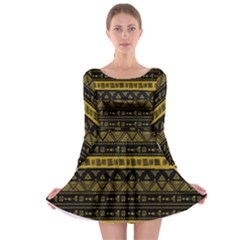 Native American Ornaments Watercolor Pattern Black Gold Long Sleeve Skater Dress by EDDArt