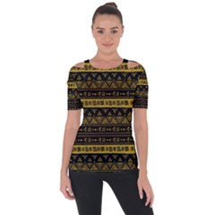 Native American Ornaments Watercolor Pattern Black Gold Shoulder Cut Out Short Sleeve Top by EDDArt