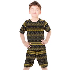 Native American Ornaments Watercolor Pattern Black Gold Kids  Tee And Shorts Set by EDDArt