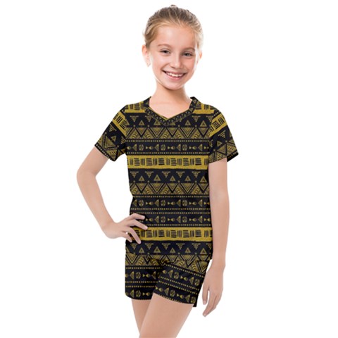 Native American Ornaments Watercolor Pattern Black Gold Kids  Mesh Tee And Shorts Set by EDDArt