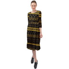 Native American Ornaments Watercolor Pattern Black Gold Ruffle End Midi Chiffon Dress by EDDArt