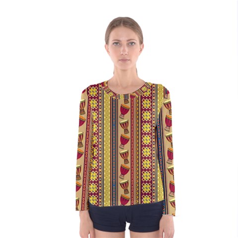 Traditional Africa Border Wallpaper Pattern Colored 4 Women s Long Sleeve Tee by EDDArt
