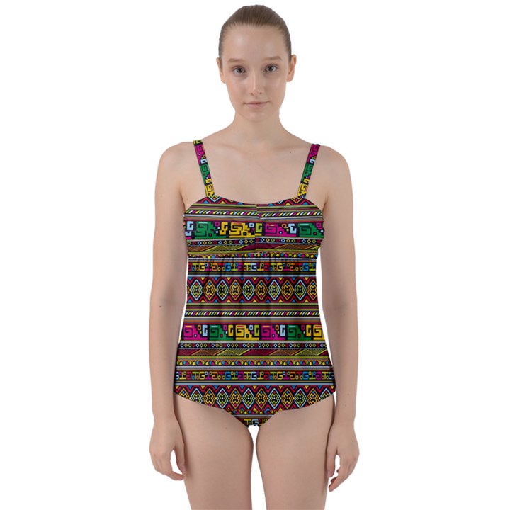 Traditional Africa Border Wallpaper Pattern Colored Twist Front Tankini Set