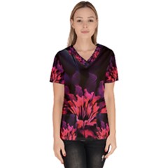 Floral Pink Fractal Painting Women s V-neck Scrub Top by Pakrebo