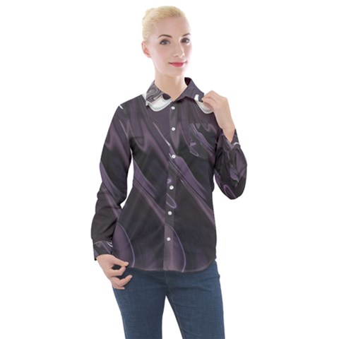 Purple Marble Digital Abstract Women s Long Sleeve Pocket Shirt by Pakrebo