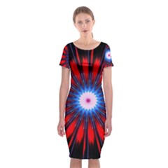 Red White Blue Burst Fractal Classic Short Sleeve Midi Dress by Pakrebo