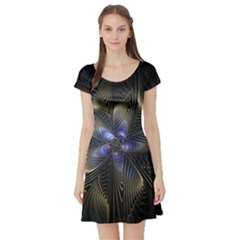 Fractal Blue Abstract Fractal Art Short Sleeve Skater Dress