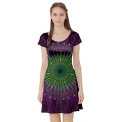 Purple Mandala Fractal Glass Short Sleeve Skater Dress