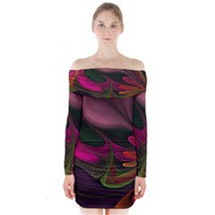 Fractal Abstract Colorful Floral Long Sleeve Off Shoulder Dress by Pakrebo