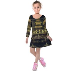 Fractal City Geometry Lights Night Kids  Long Sleeve Velvet Dress by Pakrebo