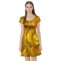 Fractal Yellow Flower Floral Short Sleeve Skater Dress