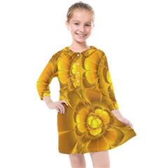 Fractal Yellow Flower Floral Kids  Quarter Sleeve Shirt Dress by Pakrebo
