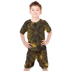 Fractal Flower Fall Gold Colorful Kids  Tee And Shorts Set by Pakrebo