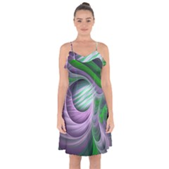 Purple Green Fractal Texture Ruffle Detail Chiffon Dress